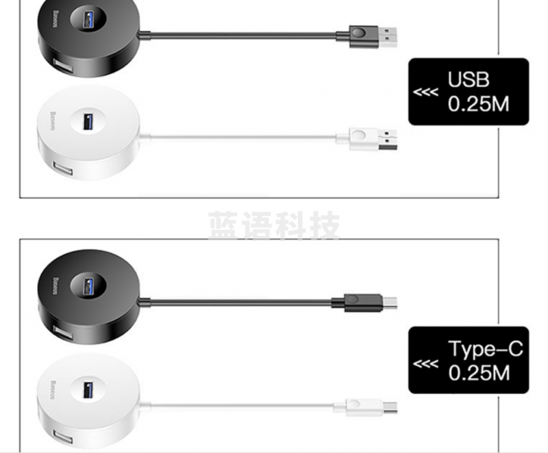 倍思 USB3.0分线器 高速拓展4口HUB集线器延长线笔记本台式电脑一拖四扩展坞转换器带电源接口 白色0.25米