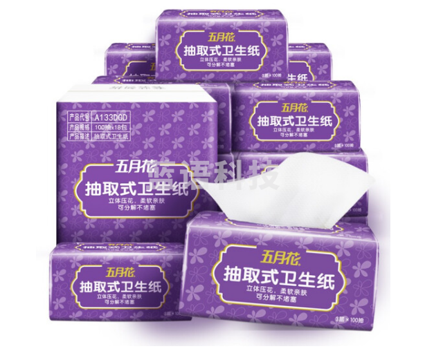 五月花A133D0D抽纸 舒适柔3层100抽*18包/箱装可冲水 单位：箱