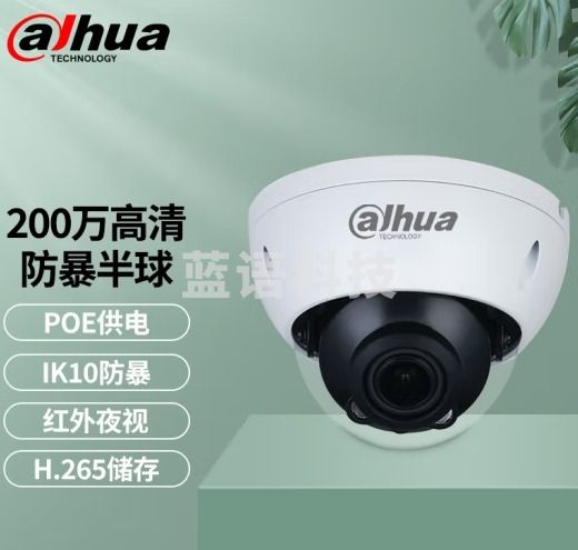 大华dahua监控摄像头200万高清网络POE供电防暴网络摄像头监控器室内半球H265编码 2.8MM