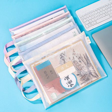 得力(deli)PP101-JA4科目袋 文件袋 透明网格拉链袋 带提手 5只装