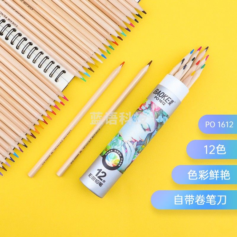 宝克(BAOKE) 三角杆彩色铅笔套装 原木学生绘画艺术写生彩色铅笔儿童涂色彩笔绘画画笔套装美术用品 12色/12支/筒  PO1612