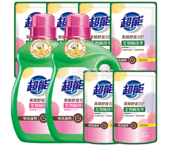 超能 柔顺舒适洗衣液 馨香依兰16斤套装(2.5kg*2桶+500g*6袋)