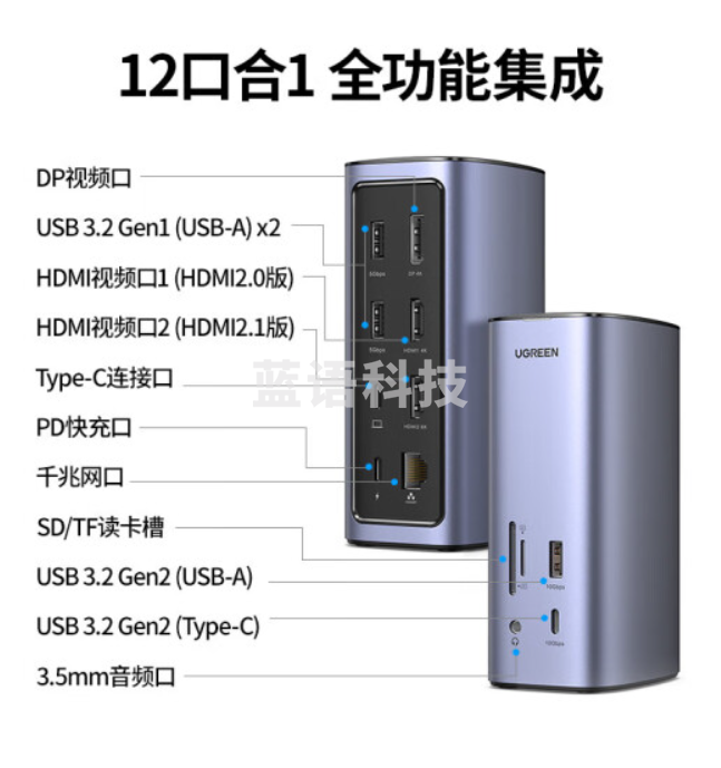 绿联(UGREEN) Type-C扩展坞双HDMI/DP四屏异显拓展坞桌面USB-C分线器网线转接头雷电3/4 90325