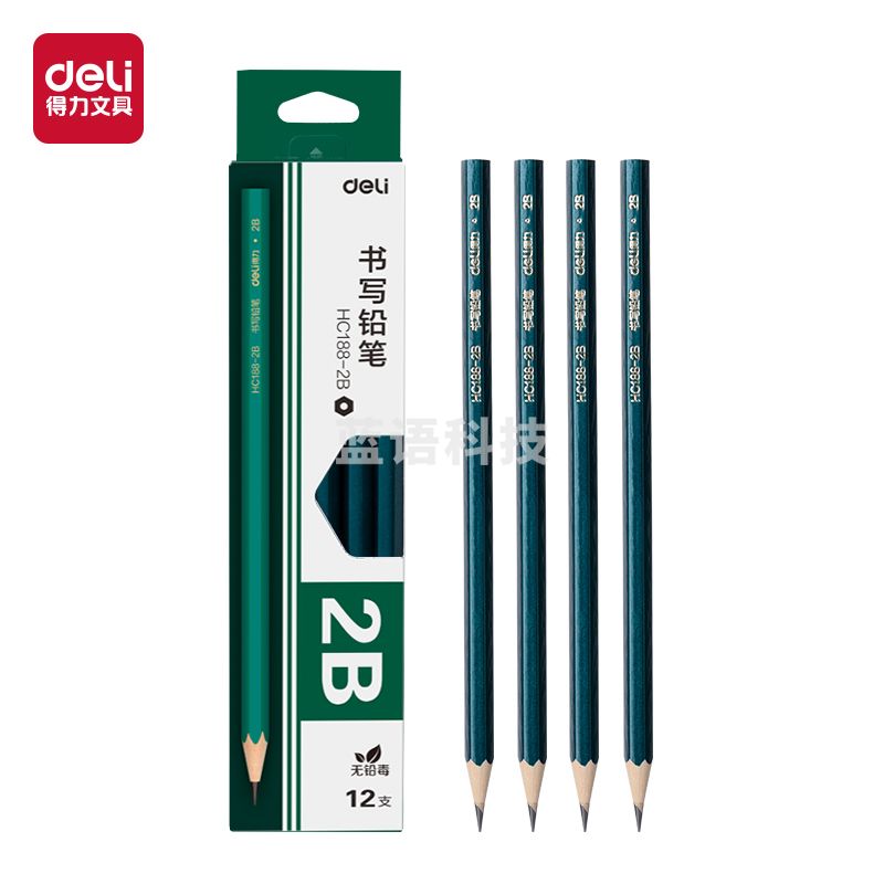 得力HC188-2B绿色六角杆书写铅笔2B无铅毒(12支/盒)