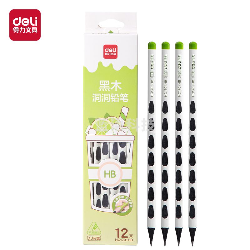 得力HC170-HB奶茶黑木洞洞书写铅笔HB(混)(12支/盒)