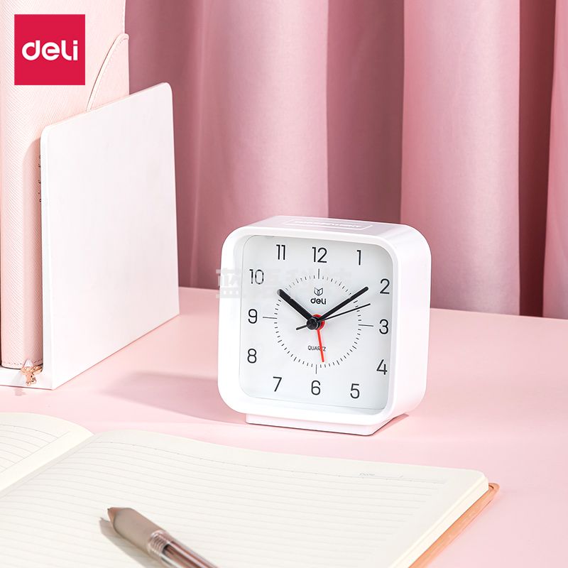得力(deli)方形简约指针闹钟柔光夜灯台式时尚座钟8851 白色
