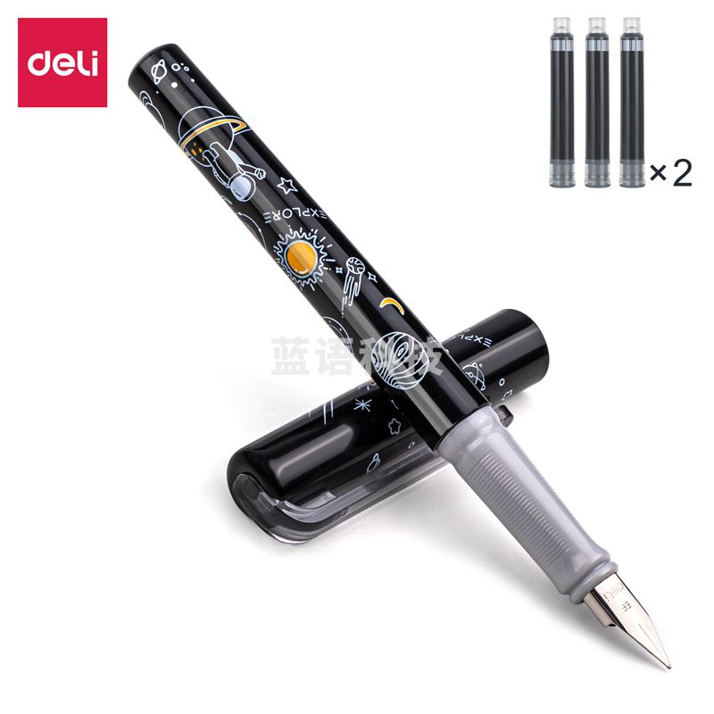 得力(deli)EF明尖钢笔 正姿练字签字笔 附6支黑色墨囊A933