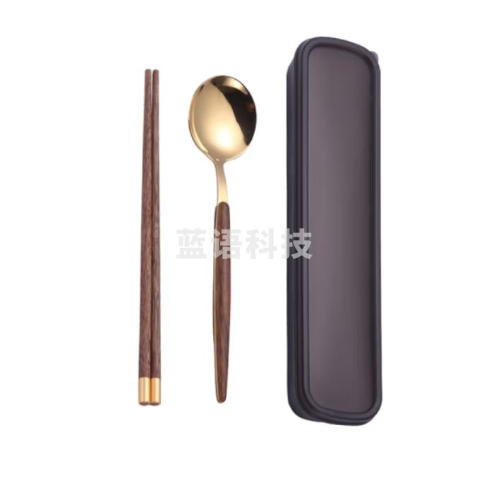便携餐具筷子+不锈钢勺子套装 金色勺+筷子【带盒+袋子】不含叉子