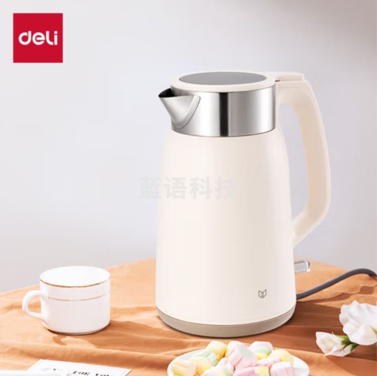 得力（deli）1.8L电热水壶1500W烧水壶304不锈钢内胆外塑 LL808-(米白色)