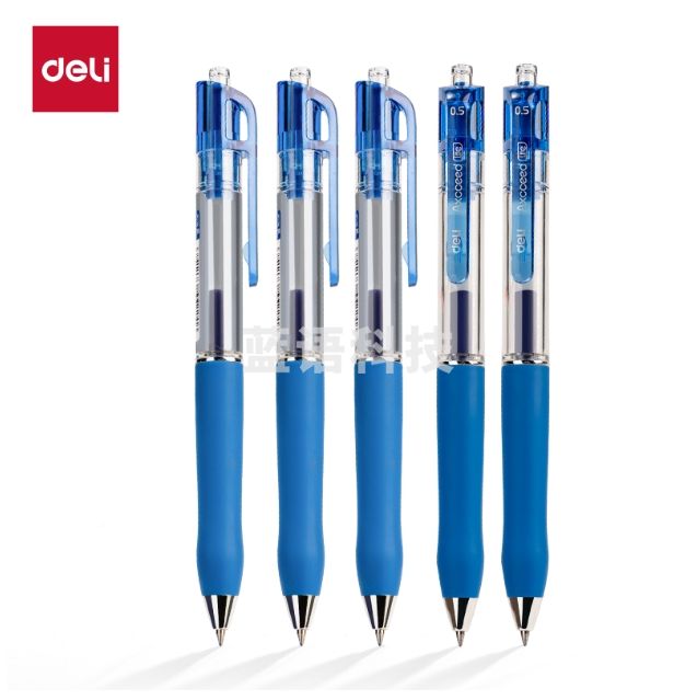得力(deli)S12中性笔签字笔 0.5mm子弹头经典按动水笔软胶护指套 蓝色 12支/盒