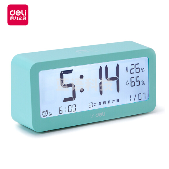 得力(deli) 8826 多功能电子闹钟 背光电子钟 温湿度计功能 绿色
