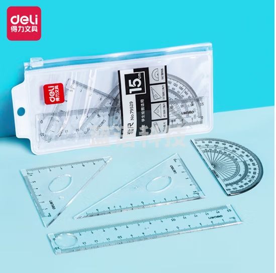 得力（deli）学生套尺四件套三角尺直尺格尺量角器套装15cm直尺 79529