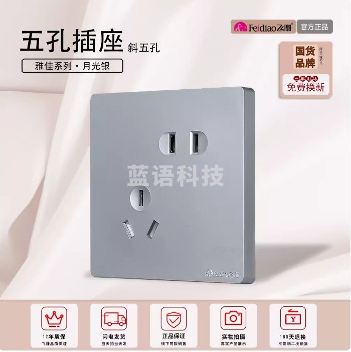飞雕 斜五孔插座 墙壁错位插座 86型 10A墙壁插座 暗装插座 雅佳灰