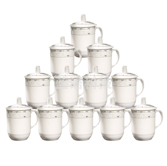 茶杯陶瓷盖杯  10只带盖开会杯子商务会议办公水杯套装玉莲350ml