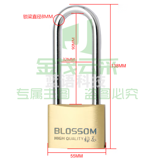 梅花（BLOSSOM）铜挂锁55MM  防水防锈长梁9cm门锁 车厢柜门锁BC076L