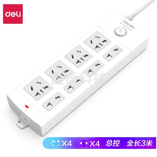 得力 18213 电源插座 4+4插孔 3m   白