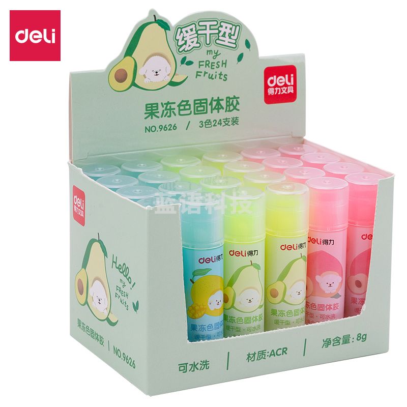 得力 (deli) 9626  8g果冻色ACR固体胶水 01清新可爱彩色胶棒 高粘顺滑可水洗 3色/24支/盒   (单位：盒)