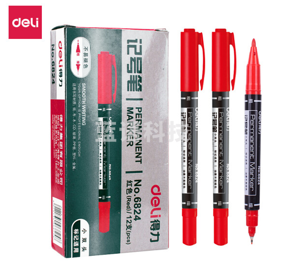 得力 6824小双头记号笔(红色)(12支/盒)(5盒起售，偏远区域下单请电话咨询)