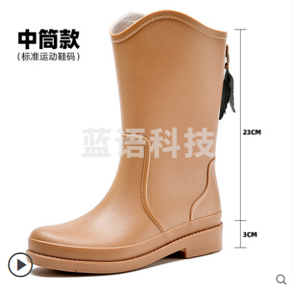 中筒雨靴胶鞋 棕色保暖加绒袜套鞋雨鞋时尚软底女款