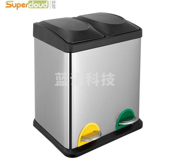  Supercloud 环保分类脚踏式不锈钢医疗垃圾桶干湿分离厨房室内办公室大号带盖静音缓降 【非静音款】双桶30L