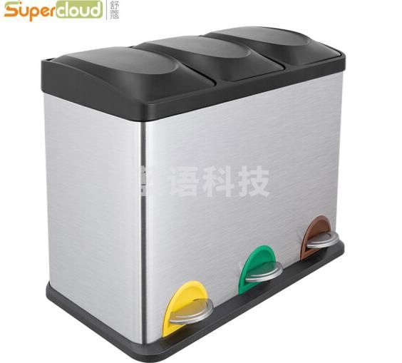 Supercloud 环保分类脚踏式不锈钢医疗垃圾桶干湿分离厨房室内办公室大号带盖静音缓降【非静音款】三桶45L