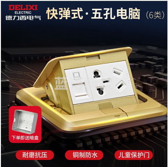 德力西(DELIXI)开关插座 金色五孔10A带六类电脑插座快弹式铜地插 防水地板插座 DCT-F120/ZST8/1