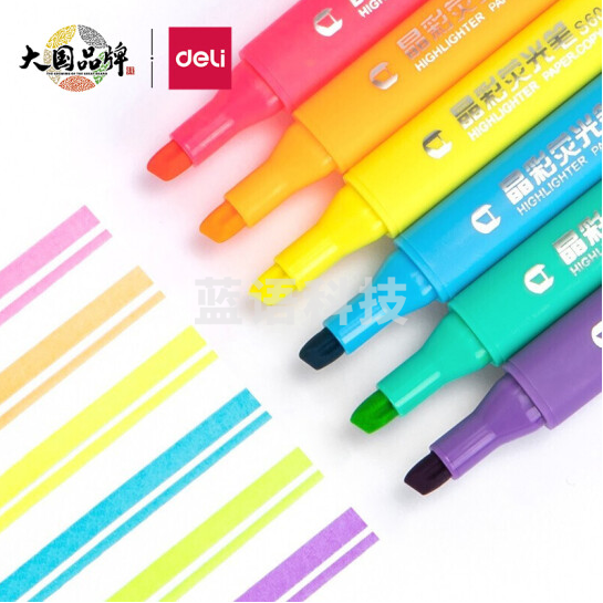 得力(deli) 6色荧光笔考试复习重点标记笔 手帐可用水性记号笔6支/盒33111