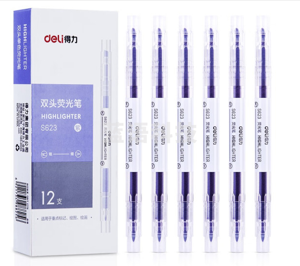 得力(deli) S623 双头荧光笔 紫色 12支一盒