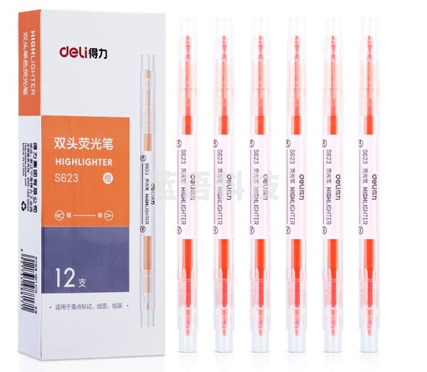 得力(deli) S623 双头荧光笔 橙色 12支一盒
