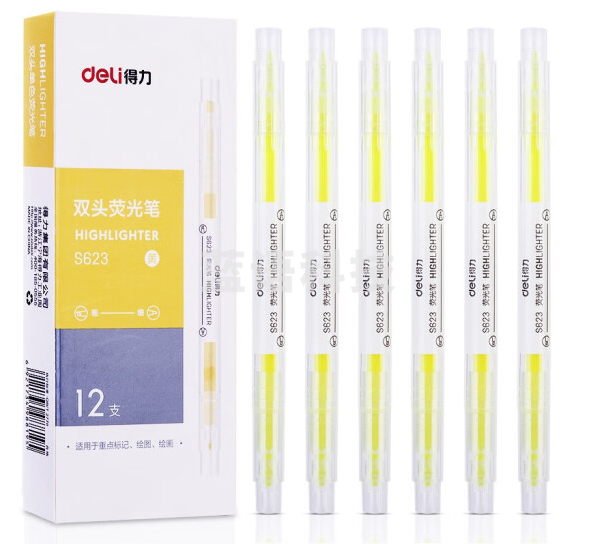 得力(deli) S623 双头荧光笔 黄色12支一盒