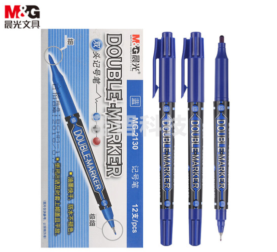 晨光(M&amp;G)文具蓝色双头细杆记号笔物流油性 学生勾线笔描线笔光盘笔 擦不掉标记笔 12支/盒MG2130