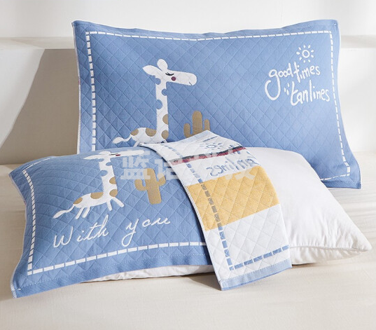 纯棉三层纱枕巾全棉加大枕头巾 小鹿-蓝 52*78cm(一对装)