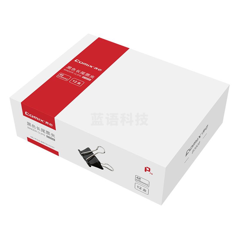 齐心 B3608黑色长尾票夹 4# 25mm 12只/盒