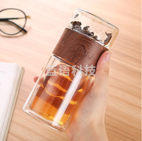 绿珠 双层玻璃杯  茶水分离过滤办公泡茶水杯200ml  B730木纹