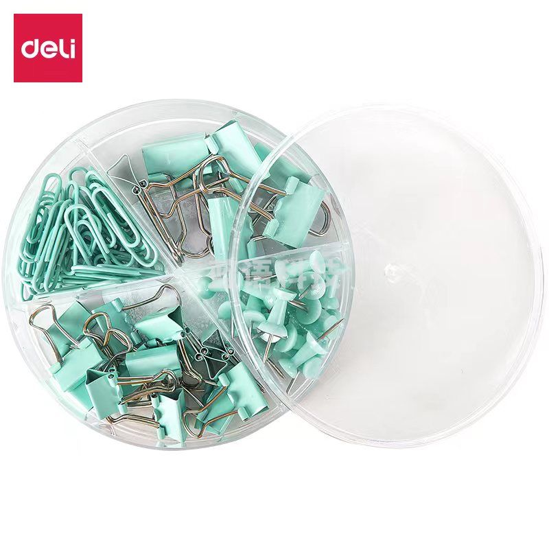 得力(deli) 78554 四格办公组合套装 (浅蓝) 3号回形针30枚 20枚工字钉 6号票据夹15枚 5号票据夹7枚