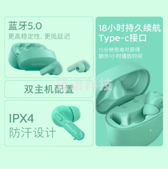飞利浦（PHILIPS）TAT2206真无线蓝牙耳机回音降噪AAC高清音质 绿