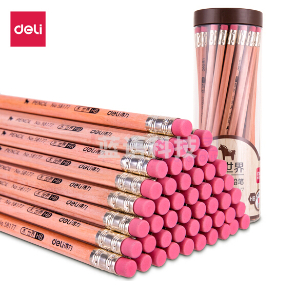 得力 58177 50支HB原木皮头六角杆铅笔(混) 50支/筒