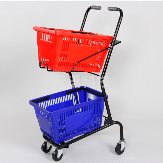 双层提篮车、商场家用超市购物车、酒吧KTV手推车粉色理货车 黑色双层分把提篮车(含2塑料篮)