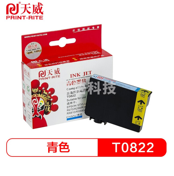 天威（PrintRite）T0822青色墨盒（适用爱普生EPSON R270 R390 RX590打印机）
