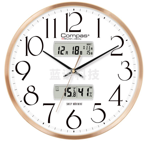 康巴丝 挂钟 万年历 时钟日历温湿度挂表 C3240-2 金色