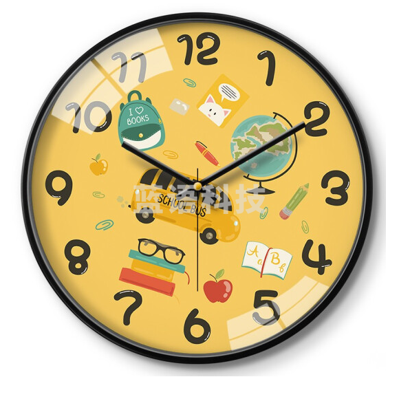 摩门 12英寸 30cm挂钟 儿童房可爱卡通钟表挂钟 校园石英钟金属黑 HE0267