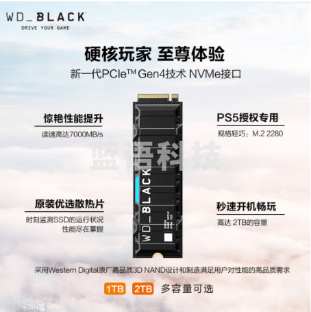 西部数据（Western Digital）2TB PS5 SSD固态硬盘 M.2（NVMe协议） WD_BLACK SN850 PCIe gen4 索尼PS5认证