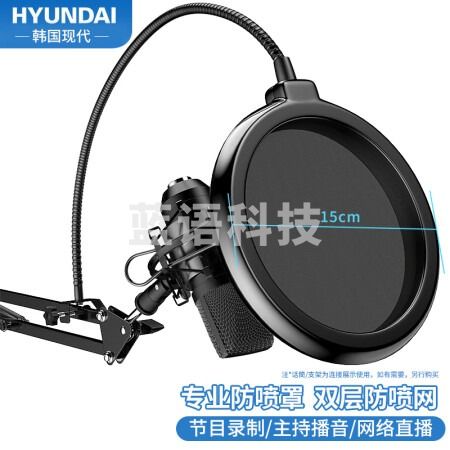 HYUNDAI现代专业防喷罩电容麦防风话筒防喷网双层网K歌电脑USB录音主播直播游戏配音悬臂支架通用PJ-FP2 15cm