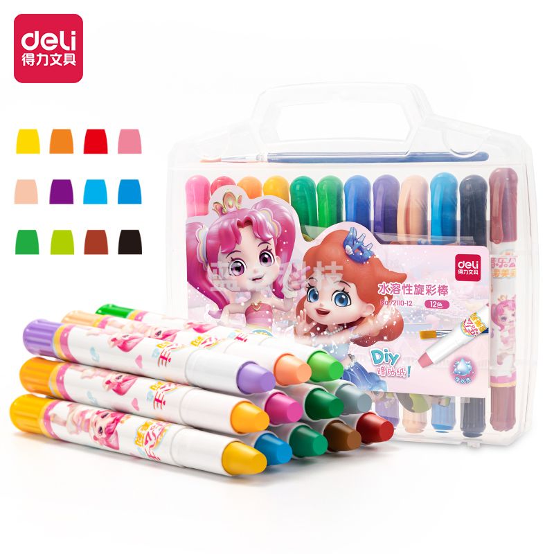 得力72110-12_PP盒装音乐公主水溶性旋彩棒(混)(12色/盒)