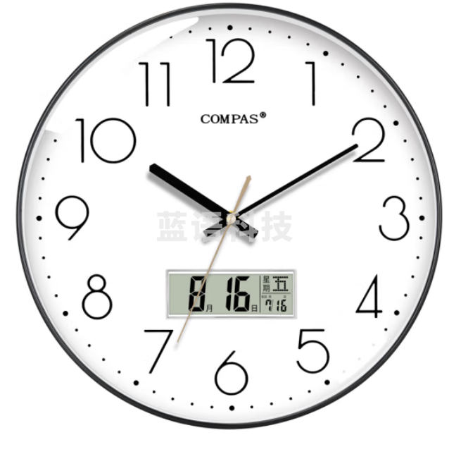 康巴丝 35cm 挂钟13.8寸 时钟万年历钟表自动对时电波钟 C6219AY钢琴黑
