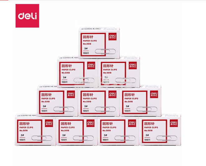 得力(deli)3#金属回形针 镀镍防锈曲别针 100枚/盒