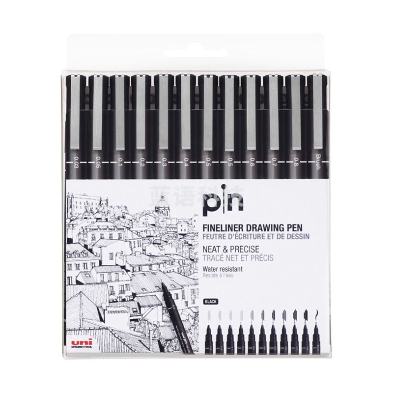 三菱(uni)水性绘图针管笔 PIN-200美术漫画设计描边描线笔勾线笔 黑色 12支套装
