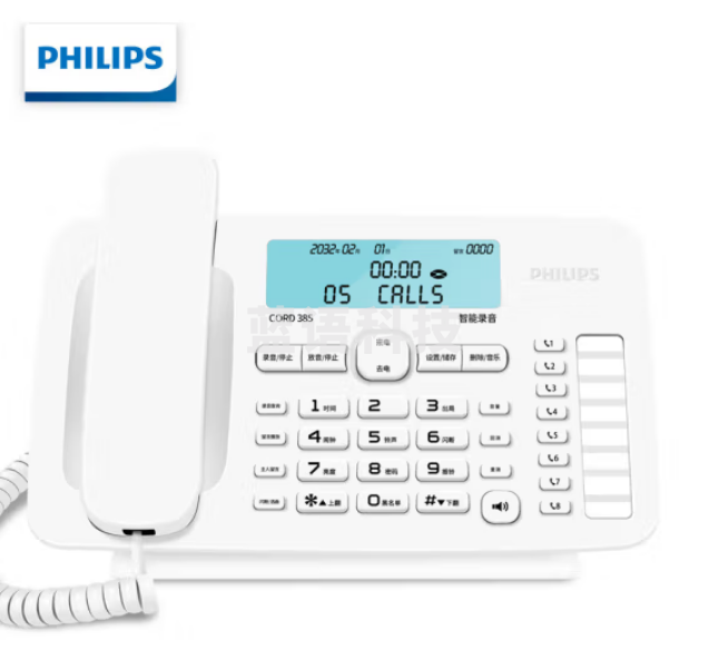飞利浦(PHILIPS)CORD385 录音电话机 固定座机 办公家用 自动手动录音 1000小时通话录音机身35度倾角 白色