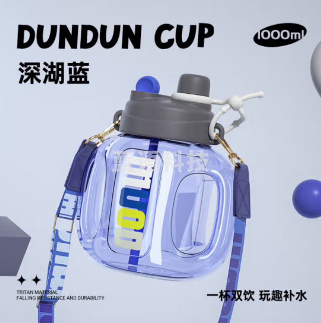 炊大皇(COOKER KING)YR10T4塑料杯运动户外大容量便携双饮吸管吨吨杯塑料水杯 蓝色 1000ml