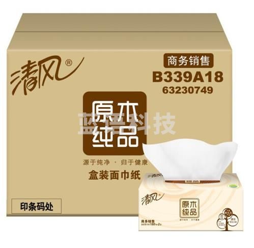 清风 B339A18 二层原木180抽面巾纸  (206mm×195mm/抽)×180抽/盒×3盒/包×12包/箱